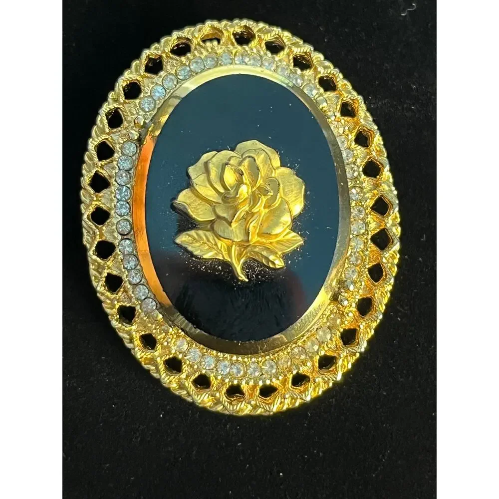 Vintage Black and Gold Toned Rose Brooch Pendant Whimsigoth Dark Romance